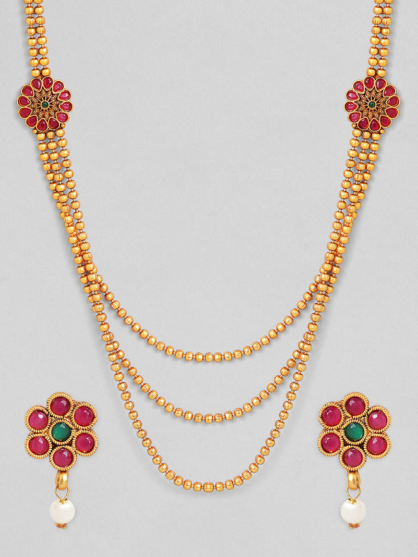 Rubans Traditional 18K Gold Plated Layered Necklace Set With Ruby Stoned Earrings