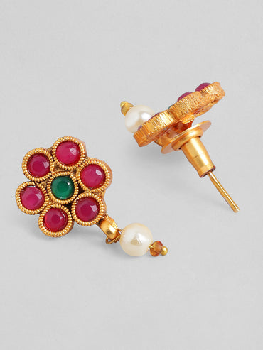 Rubans Traditional 18K Gold Plated Layered Necklace Set With Ruby Stoned Earrings