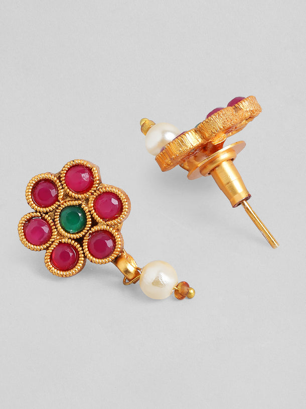 Rubans Traditional 18K Gold Plated Layered Necklace Set With Ruby Stoned Earrings