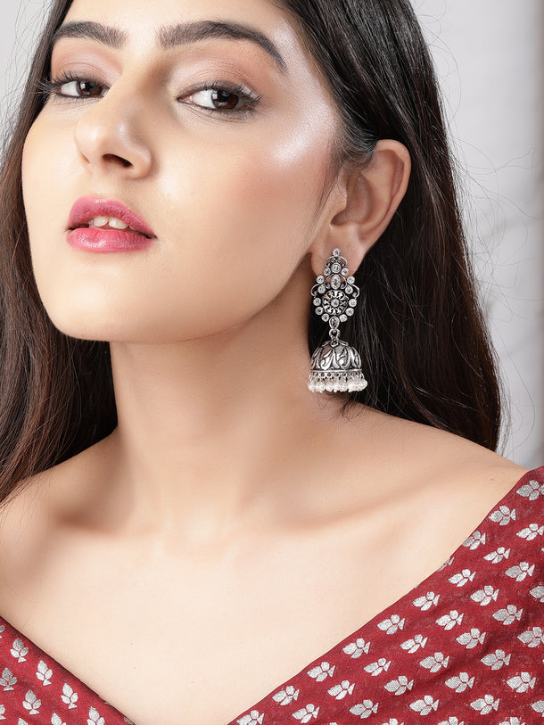 Rubans Handcrafted Oxidized Jhamka Earrings With White Stones and Pearls