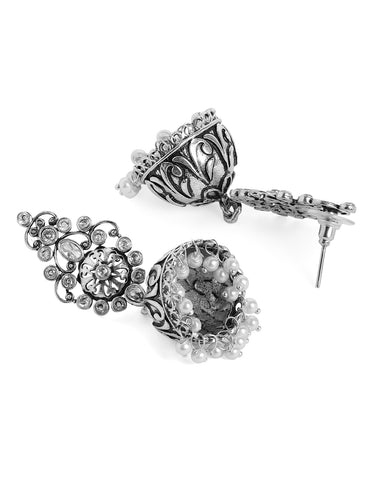 Rubans Handcrafted Oxidized Jhamka Earrings With White Stones and Pearls