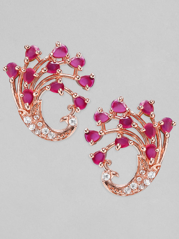 Rubans Rose-Gold Plated Peacock Shaped Ruby Studded Earrings