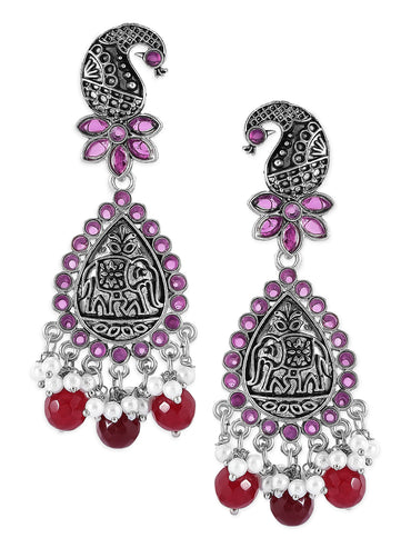 Rubans Traditional Silver Plated Pink Stone Studded Drop Earrings With Red Beads