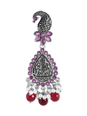 Rubans Traditional Silver Plated Pink Stone Studded Drop Earrings With Red Beads