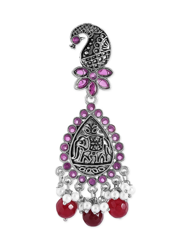 Rubans Traditional Silver Plated Pink Stone Studded Drop Earrings With Red Beads