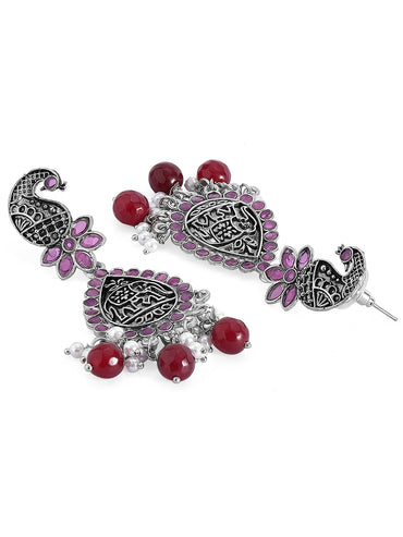 Rubans Traditional Silver Plated Pink Stone Studded Drop Earrings With Red Beads