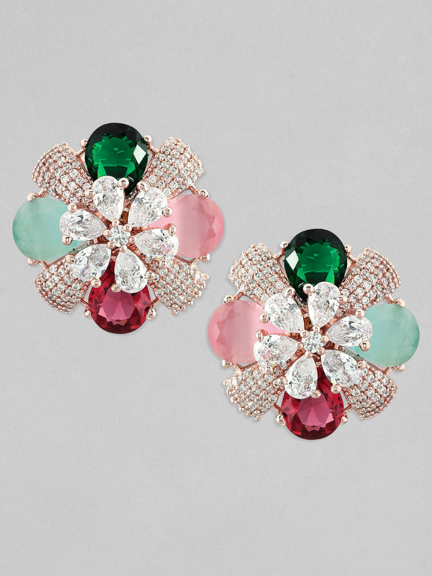Rubans Rose Gold-Plated Multicolor AD Stud Earrings.
