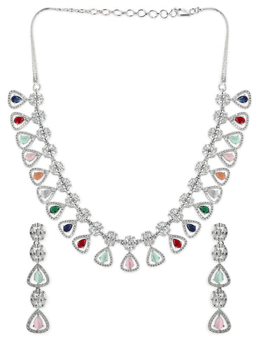 Rubans Silver Plated Multicoloured Stone Studded American Diamond Necklace Set.