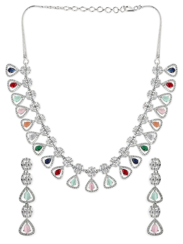 Rubans Silver Plated Multicoloured Stone Studded American Diamond Necklace Set.