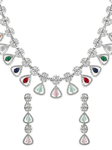 Rubans Silver Plated Multicoloured Stone Studded American Diamond Necklace Set.