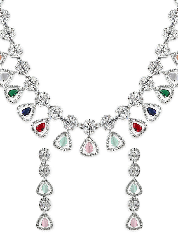 Rubans Silver Plated Multicoloured Stone Studded American Diamond Necklace Set.