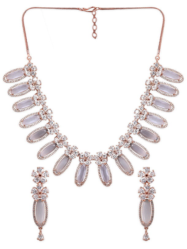 Rubans Rose Gold Plated White Beads American Diamond Necklace Set.