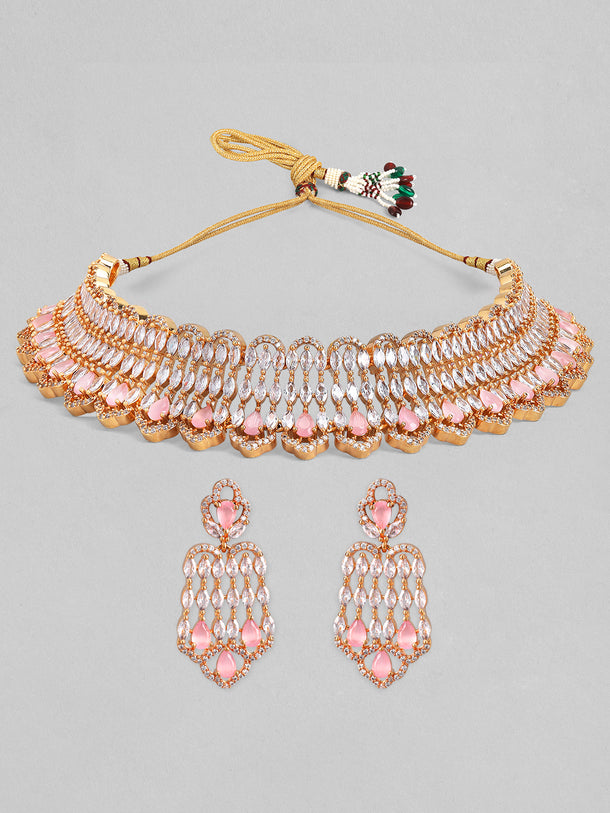 Pink Teardrop American Diamond Zirconia Necklace Set