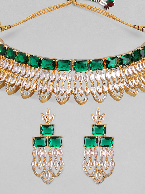 Rubans Gold Plated Green & White Stone Studded American Diamond Necklace Set.