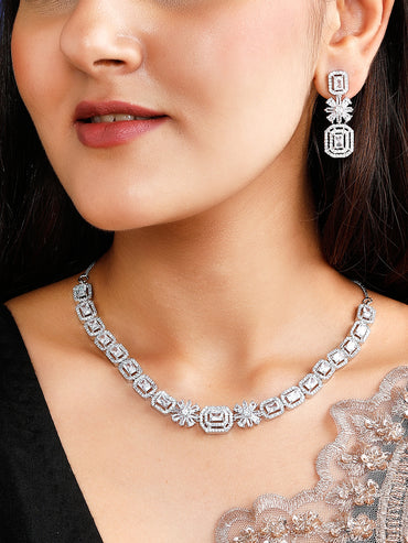 Rubans Rhodium Plated White Cubic Zirconia Stone Studded Floral Classic Jewellery Set