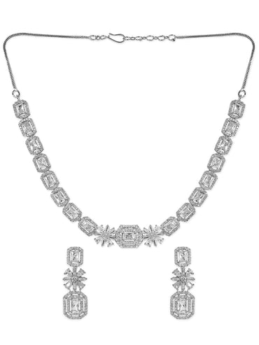 Rubans Rhodium Plated White Cubic Zirconia Stone Studded Floral Classic Jewellery Set