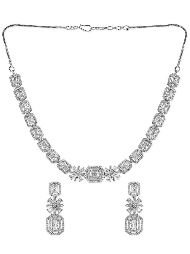 Rubans Rhodium Plated White Cubic Zirconia Stone Studded Floral Classic Jewellery Set