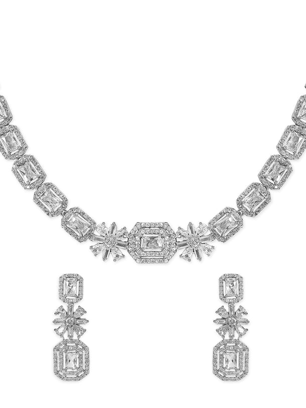 Rubans Rhodium Plated White Cubic Zirconia Stone Studded Floral Classic Jewellery Set