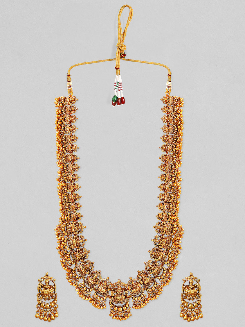 Rubans 22K Gold-Plated Divine Lakshmi Motif Temple Jewellery Set with Gold Bead Accents