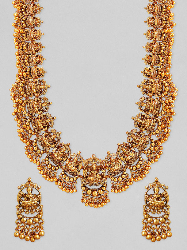 Rubans 22K Gold-Plated Divine Lakshmi Motif Temple Jewellery Set with Gold Bead Accents