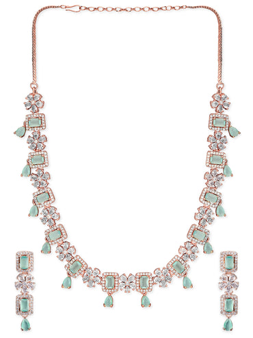 Rubans 22K Rose Gold Plated Mint Green Sapphire & Cubic Zirconia Studded Jewelry Set Design