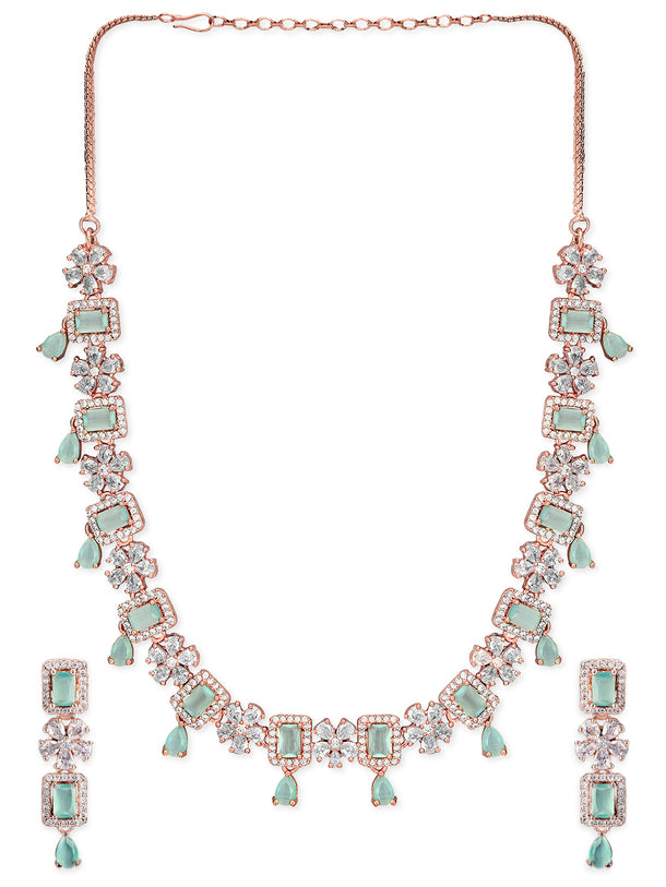 Rubans 22K Rose Gold Plated Mint Green Sapphire & Cubic Zirconia Studded Jewelry Set Design