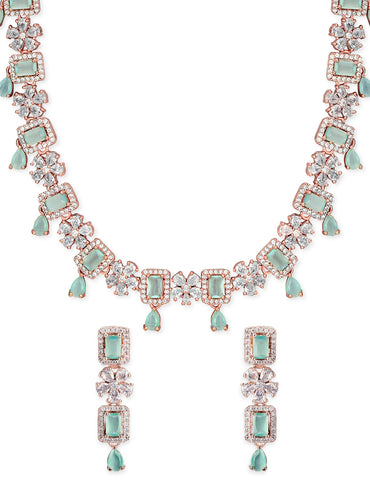 Rubans 22K Rose Gold Plated Mint Green Sapphire & Cubic Zirconia Studded Jewelry Set Design
