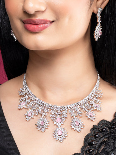 Rubans Silver Plated Pink Gemstone & AAA Cubic Zirconia Studded Floral Design Jewellery Set