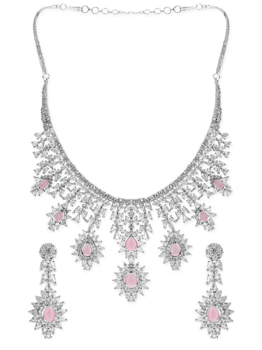 Rubans Silver Plated Pink Gemstone & AAA Cubic Zirconia Studded Floral Design Jewellery Set