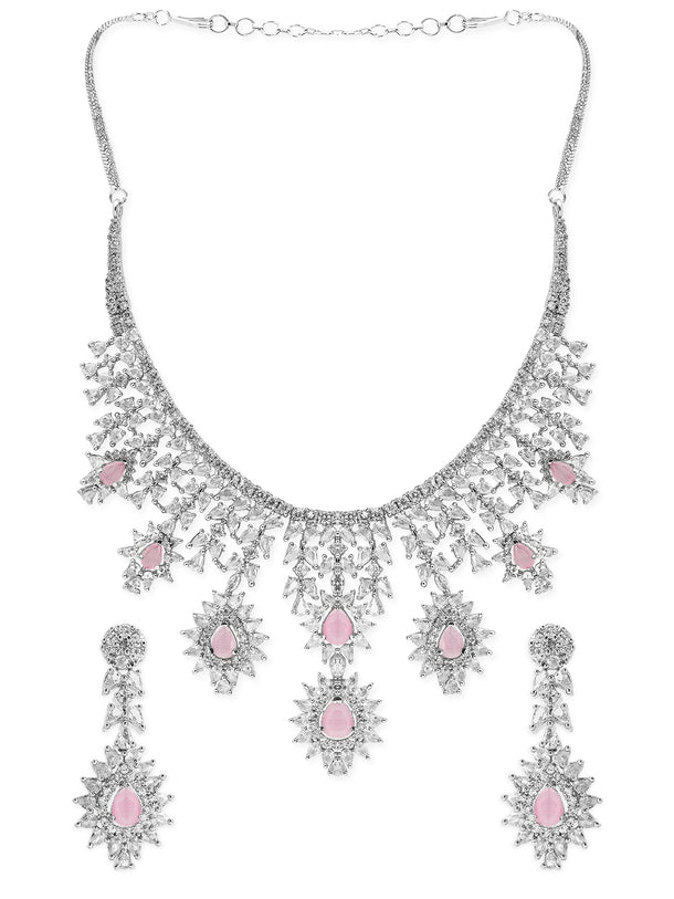 Rubans Silver Plated Pink Gemstone & AAA Cubic Zirconia Studded Floral Design Jewellery Set