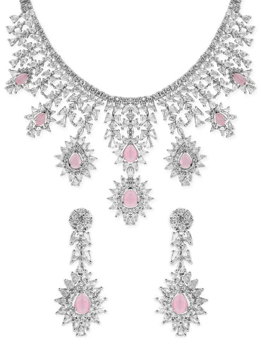 Rubans Silver Plated Pink Gemstone & AAA Cubic Zirconia Studded Floral Design Jewellery Set