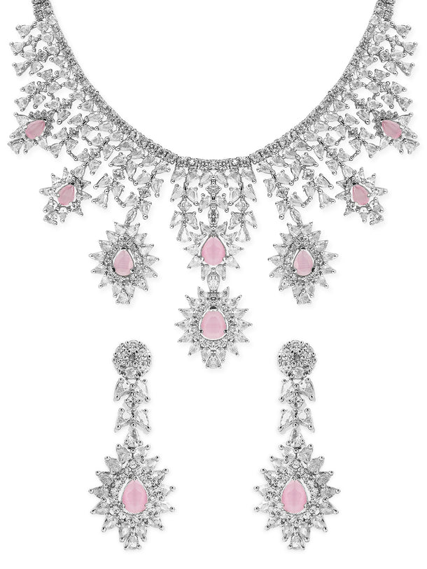 Rubans Silver Plated Pink Gemstone & AAA Cubic Zirconia Studded Floral Design Jewellery Set