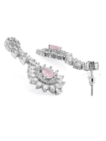 Rubans Silver Plated Pink Gemstone & AAA Cubic Zirconia Studded Floral Design Jewellery Set
