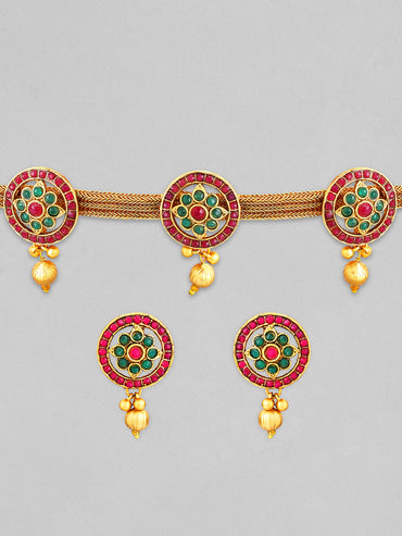 Rubans Gold Plated Handcrafted Red & Green Stone Studded Necklace Set.