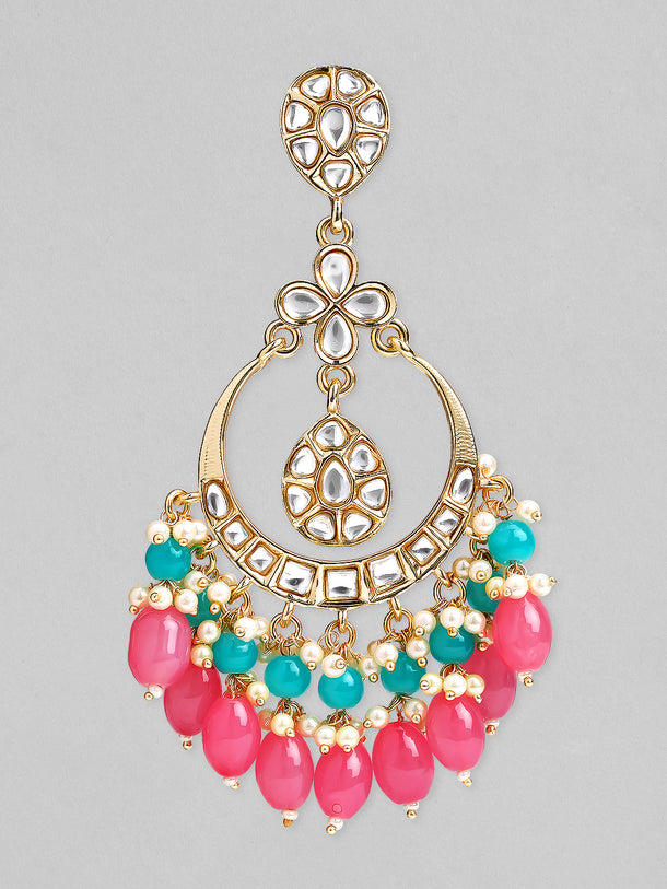 Rubans 18K Gold Plated Kundan Studded Multicolor Big Chandbali with White Pink & Blue Bead