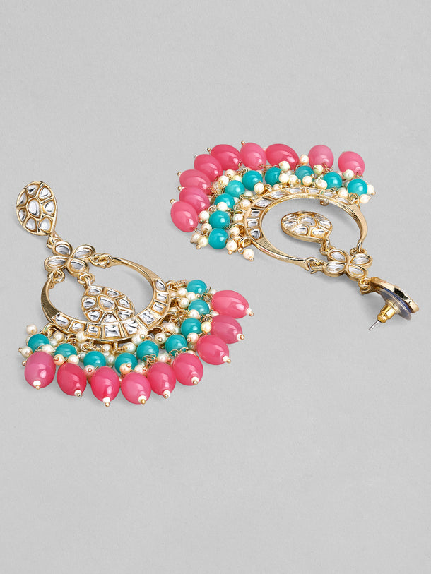 Rubans 18K Gold Plated Kundan Studded Multicolor Big Chandbali with White Pink & Blue Bead