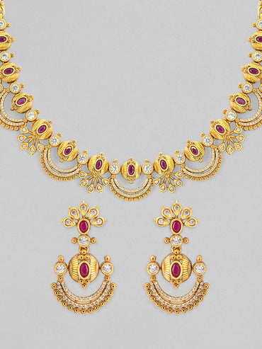 Rubans 24K Gold-Plated Ruby Pink & Cubic Zirconia Studded Temple Necklace Set with Chandbali Earrings