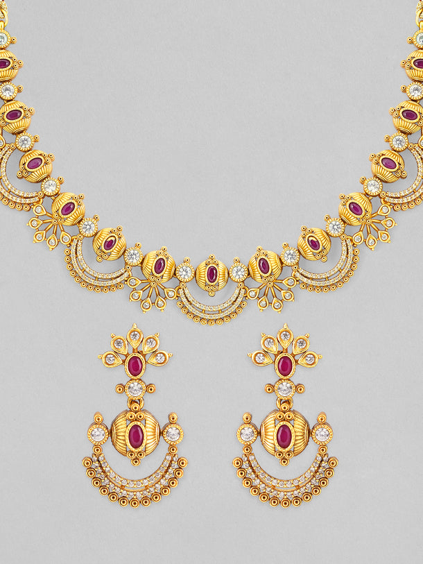 Rubans 24K Gold-Plated Ruby Pink & Cubic Zirconia Studded Temple Necklace Set with Chandbali Earrings