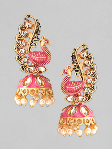 Rubans 22k Gold-Plated Handcrafted Kundan & Enamel Peacock Design Jhumka Earring