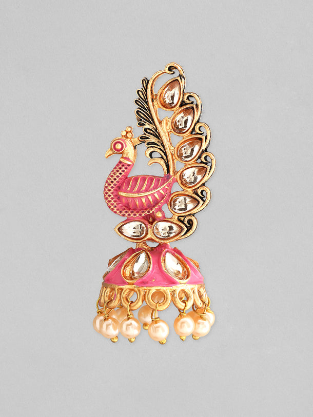 Rubans 22k Gold-Plated Handcrafted Kundan & Enamel Peacock Design Jhumka Earring