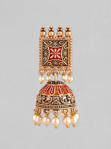 Rubans 24K Gold Plated Enamel Handpainted & White Beaded Filigree Jhumka Earrings