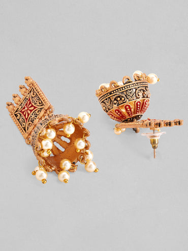 Rubans 24K Gold Plated Enamel Handpainted & White Beaded Filigree Jhumka Earrings