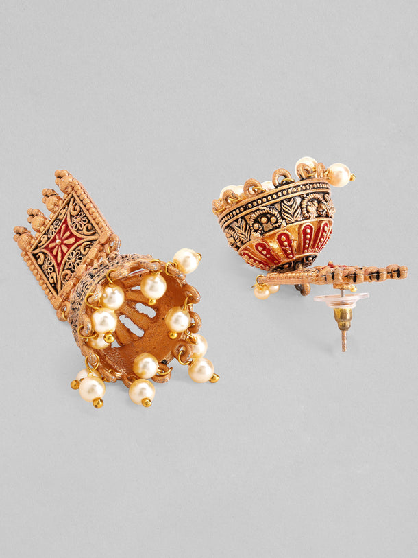 Rubans 24K Gold Plated Enamel Handpainted & White Beaded Filigree Jhumka Earrings