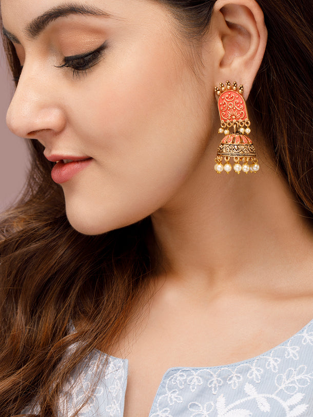 Rubans Gold-Toned & Red Enamelled Dome Shaped Pearl Jhumkas