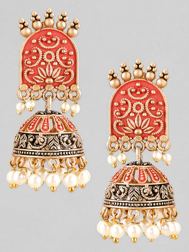 Rubans Gold-Toned & Red Enamelled Dome Shaped Pearl Jhumkas