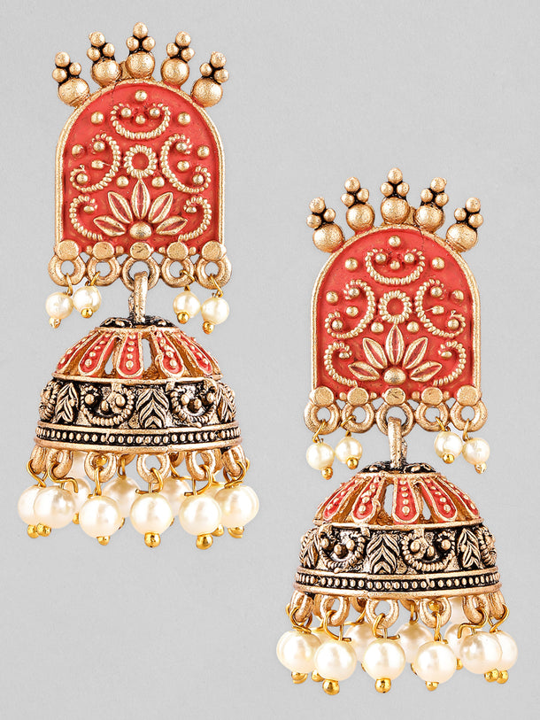 Rubans Gold-Toned & Red Enamelled Dome Shaped Pearl Jhumkas
