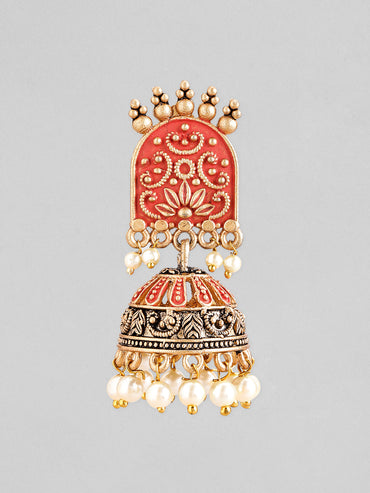 Rubans Gold-Toned & Red Enamelled Dome Shaped Pearl Jhumkas