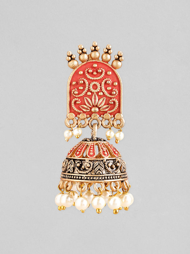 Rubans Gold-Toned & Red Enamelled Dome Shaped Pearl Jhumkas