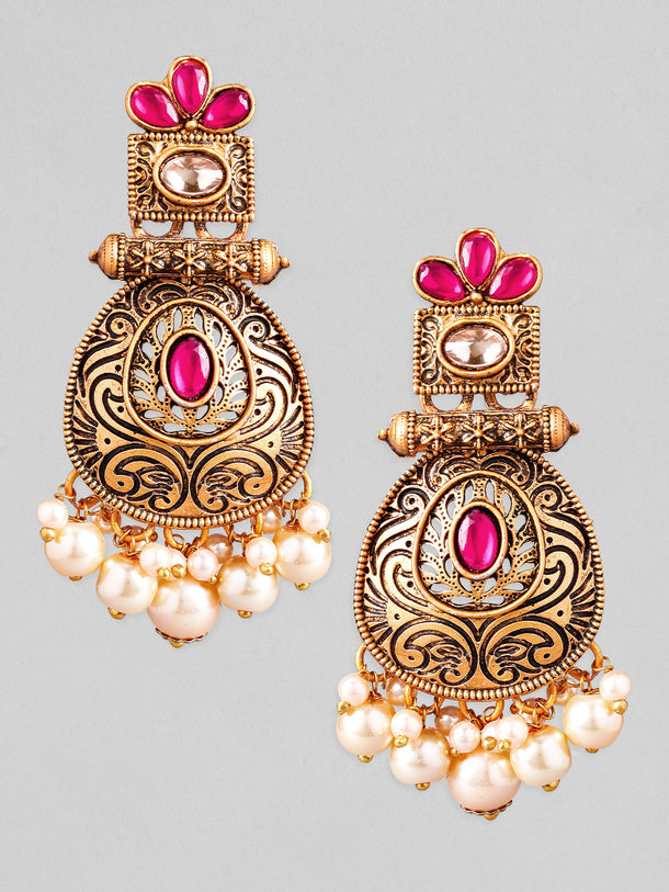 Rubans 24K Gold Plated Stone Studded Pearl Beaded Drop Earrings