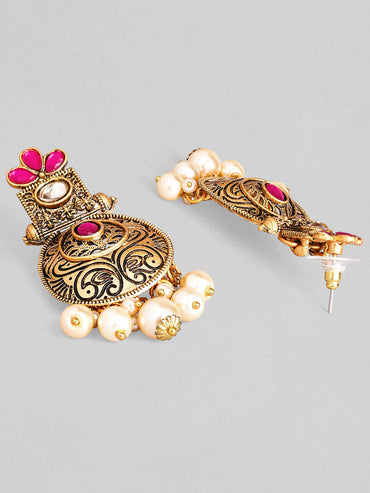 Rubans 24K Gold Plated Stone Studded Pearl Beaded Drop Earrings